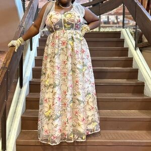 SHEIN Colorful Embroidered Floral Corset Dress With Waist Cincher And Bow